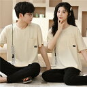 ペア パジャマ 半袖 夏 ベージュ ブラック メンズ ルームウェア 外出 レディース 綿 ペアパジャマ ギフト おしゃれ カップル ペア 春夏 結婚祝い プレゼ...