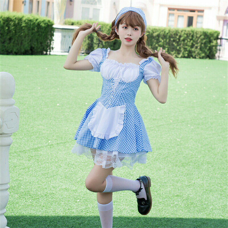 メイド服 チェック柄 ブルー ピンク ハロウィン コスプレ ワンピース カチューシャ付き ロリータ ゴスロリ ゴシック クリスマス コスチューム 仮装 レディース 半袖 日常 萌え セクシー エプロン ヘアバンド かわいい 衣装 パーティー イベント 学園祭 文化祭 カフェ 喫茶店 shopnakakuni-10005400 ルカナ サンプル画像3