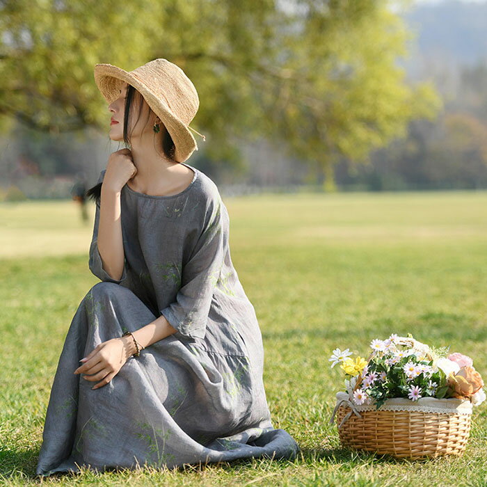 リネン ワンピース 麻 レディース 大きいサイズ 春 夏 長袖 きれいめ 無地 ロング 着痩せ 女性用 体型カバー 吸汗 通気 おしゃれ ゆったり シンプル カ...