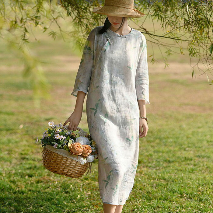 リネン ワンピース 麻 レディース 大きいサイズ 春 夏 半袖 七分袖 きれいめ ロング 着痩せ 体型カバー 吸汗 通気 おしゃれ ゆったり シンプル カジュア...