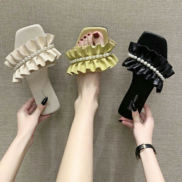 パールサンダル サンダル レディース カワイイ フラットサンダルフリル 靴 歩きやすい 切り替え ローヒ..