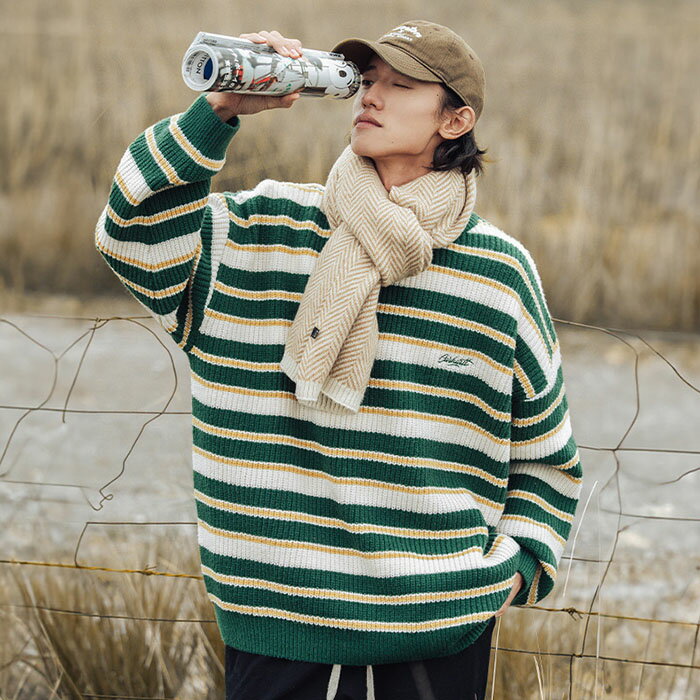 ニット セーター メンズ クルーネック ニットセーター 長袖 レディース ケーブルニット ボーダー 冬服 オーバーサイズ 韓国 ファッション アメカジ 春 秋 ...