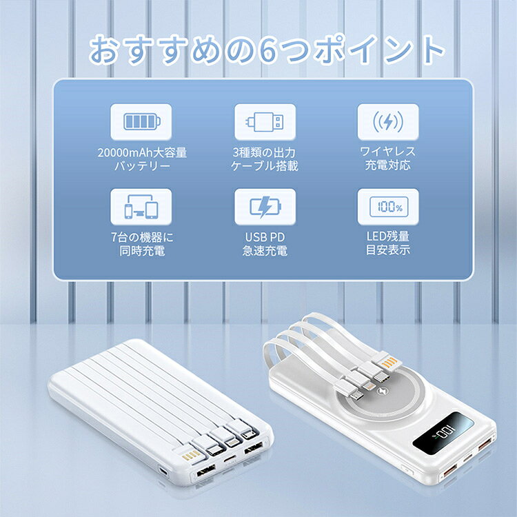 モバイルバッテリー 20000mAh 大容量 ワイヤレス充電 LED残量目安表示 急速充電 Android iPhone 7台同時充電 持ち運び 大容量 小型 軽量 急速充電 携帯充電器 防災グッズ 通勤 出張 内蔵式ケーブル 予備電源 アウトドア 防災予備 PSE認証済 shopnatuki-10001610 Shopなつき サンプル画像3