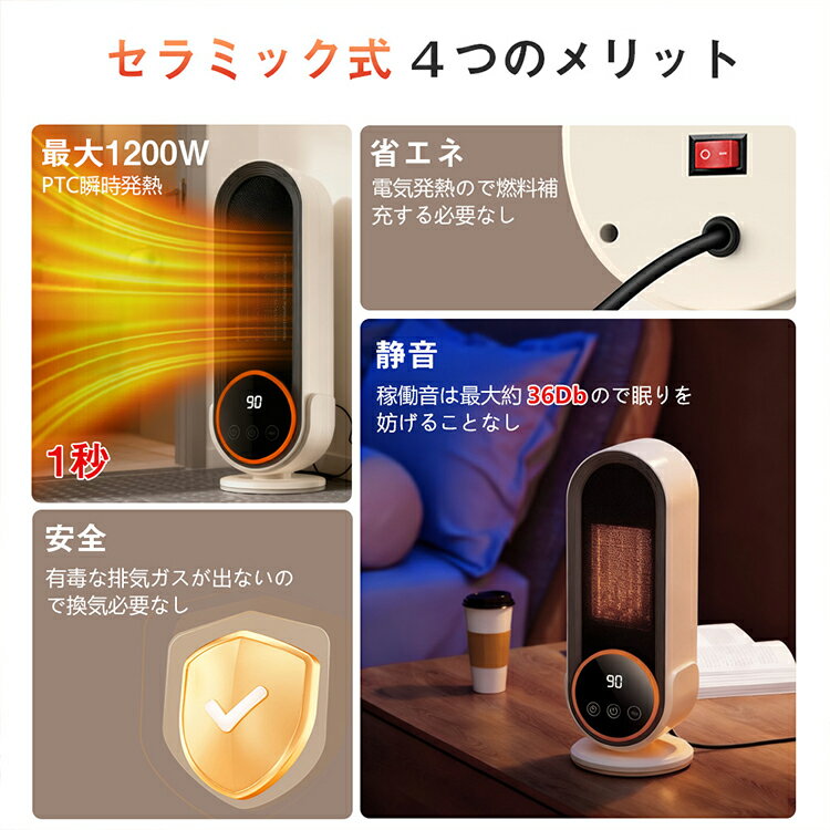 1秒速暖 PTCセラミックヒーター 1200W 卓上 コンパクト 安全設計 オフィス デスク 省スペース 静音 卓上ヒーター 勉強 足元 暖房 過熱保護 安全安心 軽量 転倒OFF オートオフ 省エネ セラミックファンヒーター ファンヒーター 暖房器具 脱衣所 トイレ おしゃれ 送料無料