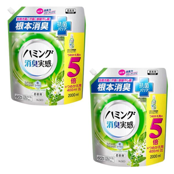 花王 ハミング消臭実感 リフレッシュグリーンの香り つめかえ 2000ml 2個セット (柔軟剤 根本消臭 抗菌バリア 大容量)【詰め替え 詰替 生乾き臭 汗臭】cpn1