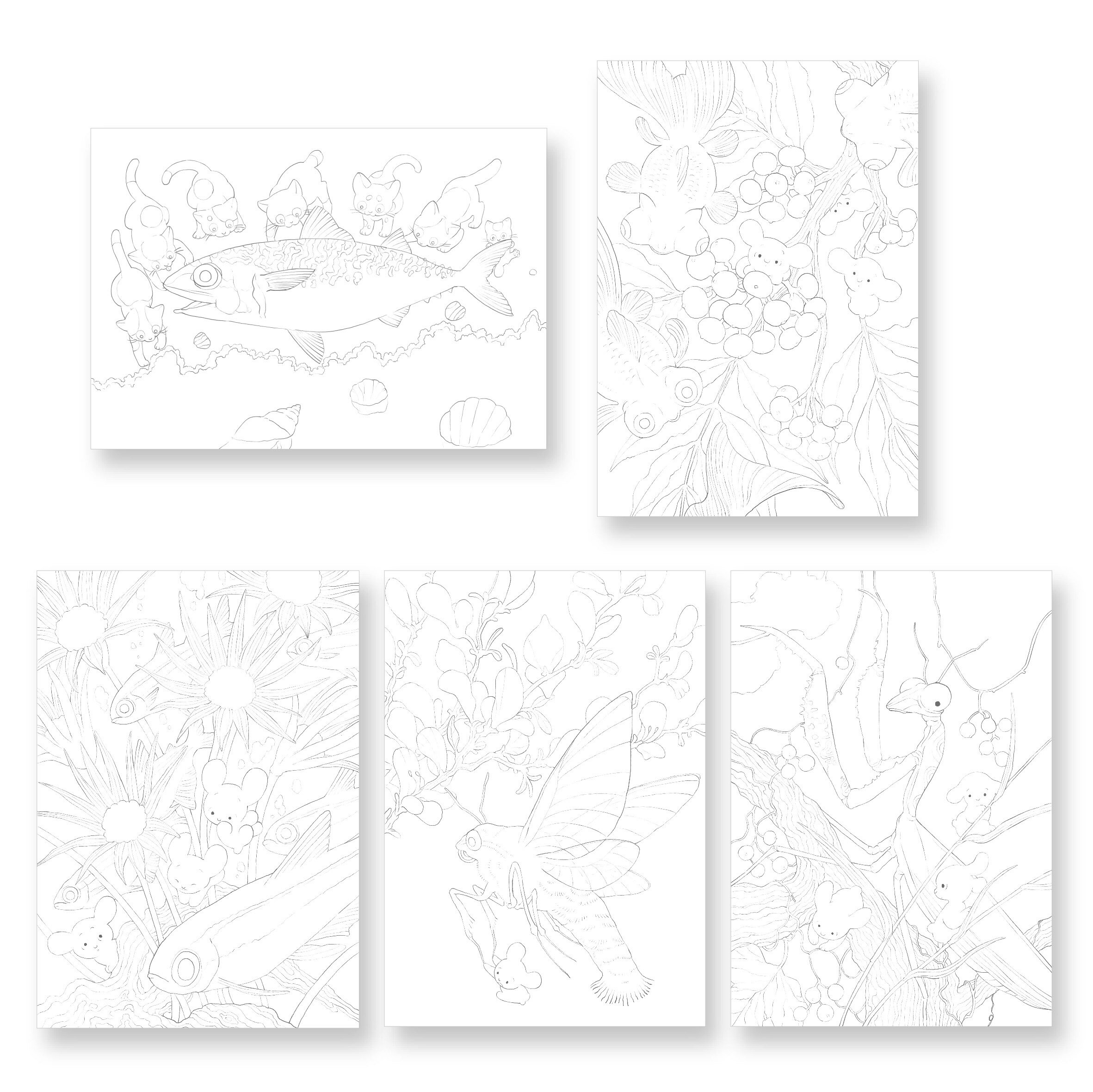 こまちみゆた 塗り絵ブック vol.1 線画10枚綴じ B5サイズ アクリルデネブ水彩紙 300g 257mm×182mm 水彩 アクリル 色鉛筆 墨 動物 花 虫 植物 生き物 オリオン