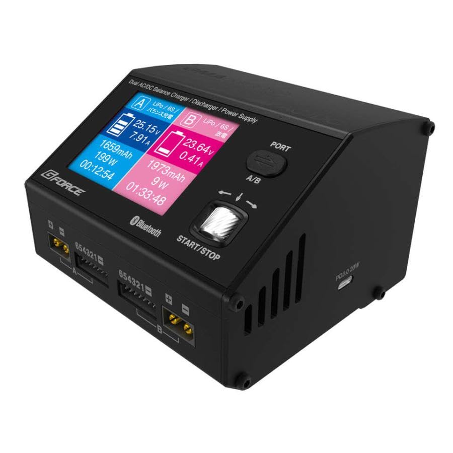 ジーフォース GMA6800SP AC/DC充電器 G0401 日本正規品 2系統当時充放電可能なAC/DC充電器。 カラー液晶に日本語表示、直感的な操作が可能なダイヤル式の操作を採用したユーザーフレンドリー仕様。 本体は剛性と放熱性に優れたフルアルミ製。 最大800W (DC時)の大出力。 安定化電源機能も備え、タイヤウォーマーなどのDCを電源とした機器にも対応。 専用OPの外部放電器 (GSD350C)を使うことで最大350W (40A)の大電流放電が可能。 【JANコード】4580416434010 【状態】新品 【発送】1〜2営業日で発送（休業日除く）