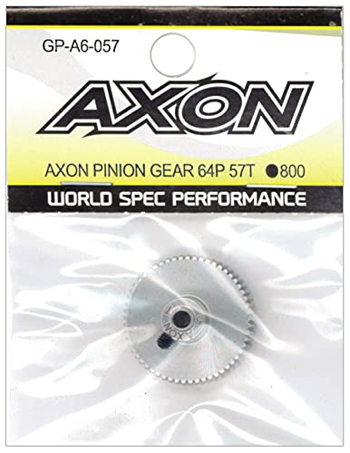 AXON ピニオンギヤ 64P 57T GP-A6-057 ピニオンギヤはモーター出力を駆動トラクションとして伝えるために非常に重要なアイテムです。 アクソンピニオンギヤはギヤ歯形状はもちろん、ピニオンギヤの回転時の「揺れ」に左右するギヤ重量の軽量化や、モーターシャフトが通る穴のサイズや真円度にもこだわり、さらにピニオンギヤを固定するネジ位置を限りなくギヤ歯センターに近づけ、固定時に起こる「芯ブレ」を解消しました。 アクソンスパーギヤとの最高のマッチングであることは勿論、あらゆる64ピッチスパーギヤでもこれまでにない最高のパフォーマンスを発揮します。 (Amazon.co.jpより) 【JANコード】4573448242067 【状態】新品 【発送】1〜2営業日で発送（休業日除く）