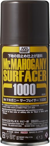 GSI クレオス(GSI Creos) Mr.マホガニーサーフェイサー1000 スプレー ブラウン 170ml ホビー用表面処理剤 B528 容量：170ml マホガニー色（こげ茶色）のサーフェイサーです。 表面を整えるサーフェイサー塗装と同時に、影色としてのこげ茶色の下地塗装が出来ます。 上から基本色を塗ったときの仕上がりに深みを増す事ができます。 【JANコード】4973028536058 【状態】新品 【発送】1〜2営業日で発送（休業日除く）