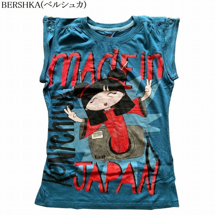 Tシャツ 一分袖 レディース カットソー Bershka トップス ブルー インナー プリント 可愛い 春夏