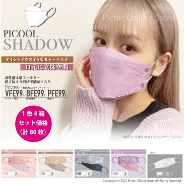 【4個セット特別価格】【正規販売店】Picool SHADOW ピクール シャドー 20枚入 不織布カラーマスク 3D立体 四層構造 おしゃれ 使い捨て 血色 全国マスク工業会会員マーク入り