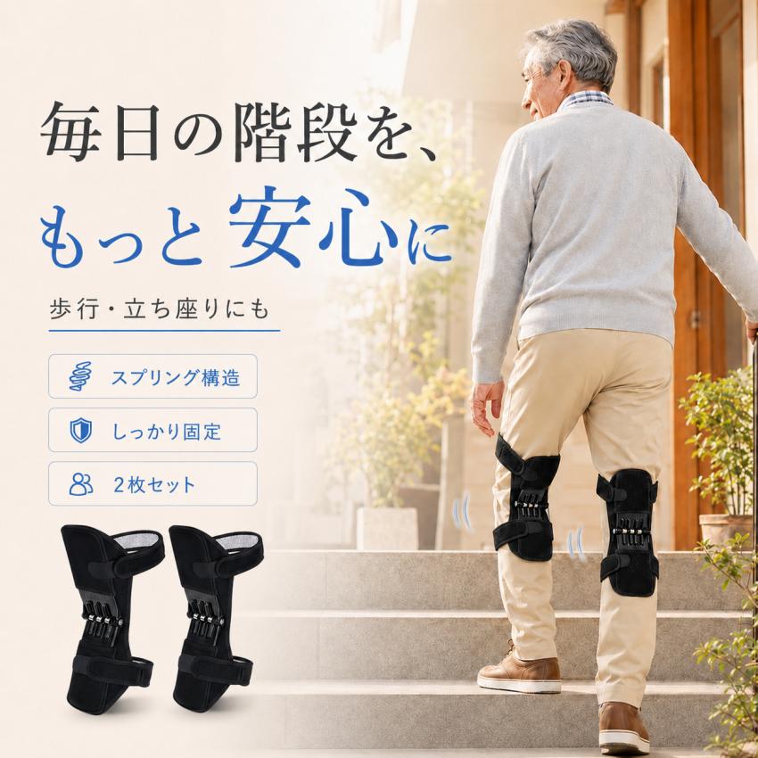 商品説明 商品名 進化版 ひざサポーター 2枚入 素材 ABS樹脂・ネオプレーン・銅 サイズ(約) 77(最長部)×高29.5cm 適応サイズ(約) フリーサイズ 最大周長：65cm 重量(約) 468g（両足分） カラー ブラック 生産国 中国 商品特徴 立ち上がりや階段の昇り降り、ガーデニング、畑仕事、ジョギングなど、日常の動作をサポートするひざ用サポーターです。 強力バネ構造でひざの曲げ伸ばしをサポートし、足への負担を軽減します。 面ファスナー式で取り付け簡単。左右2枚入りなので、両足に装着してご使用いただけます。 ご注意 ※画面上と実物とでは多少色が異なる場合がありますので、ご了承ください。 ※本商品は日常動作をサポートする健康グッズです。医療効果を保証するものではありません。 関連ワード 健康グッズ 立ち上がりサポート ひざ 膝 サポーター 負担軽減 衝撃吸収 曲げ伸ばし ラク 屈伸サポート 立ち上がり補助 強力 バネ 取り付け簡単 簡単装着 階段昇り降り ガーデニング 畑仕事 ジョギング おじいちゃん おばあちゃん お父さん お母さん 黒 ``````