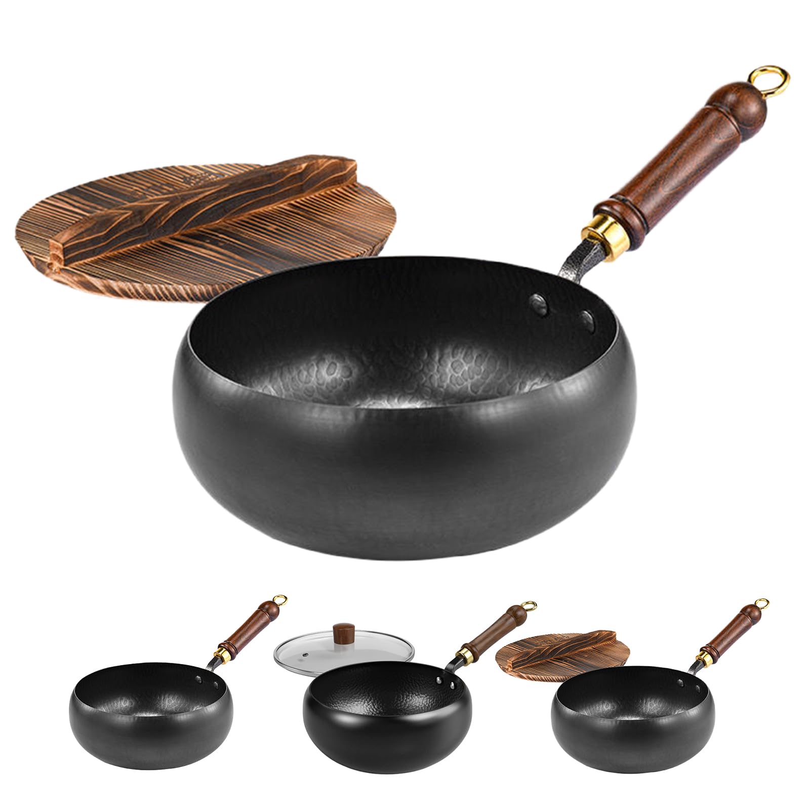 古代製法 中華鍋 匠の手作り鉄鍋 無塗層 9.45インチ(約24cm) 焦げ付き防止設計 高耐久 軽量省エネ 木柄 すき焼き鍋 煮る 焼く 炒める 揚げる 湯豆腐 キムチ鍋 すき焼き おでん うどん ラーメン などに 中華料理 (24cm（蓋なし）)