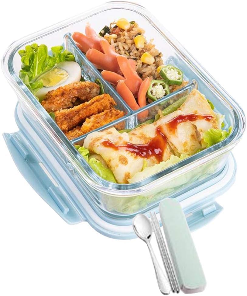 弁当箱 耐熱ガラス ポータブル スプーン付き 長方形 透明 2つ仕切り 3つ仕切り 1040ML 大容量 耐熱耐冷 食器洗い機可 オーブン可 冷凍可 電子レンジ対応 ランチボックス 手提袋をランダムに送る (ブルー, 3つ仕切り)