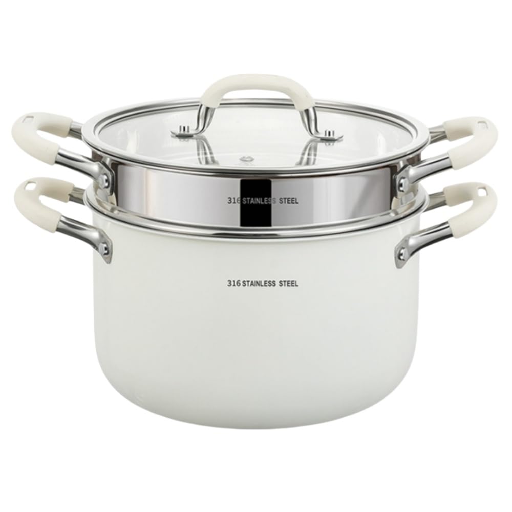 Acnivkoセラミック＆ステンレス鍋セット,一人鍋、スープ鍋、蒸し器、316ステンレス鋼, 2-3人用, IH・直火対応家庭用 (20cm+蒸し器,ホワイト)