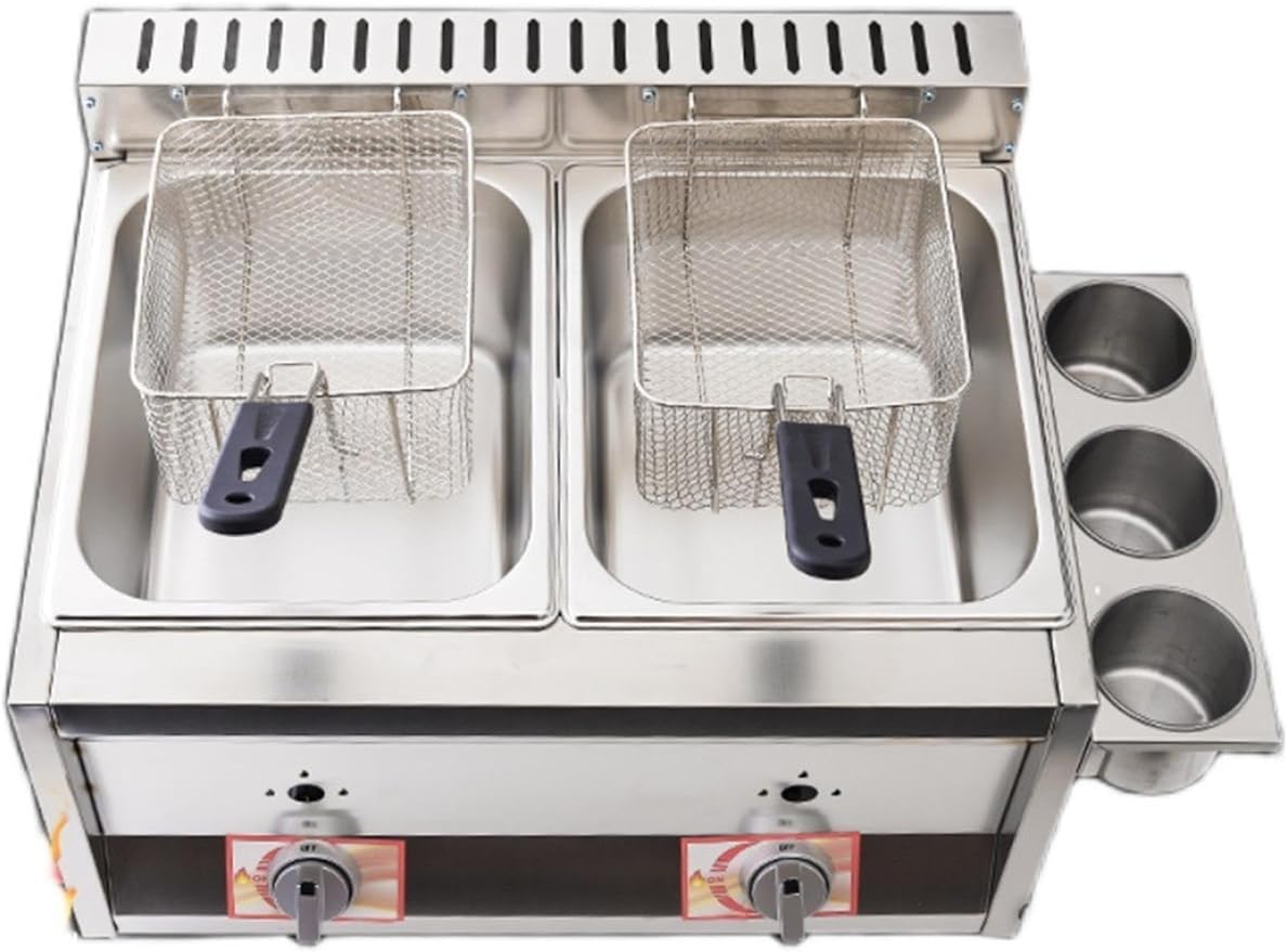 大型 ガスフライヤー、10L * 2バスケットと蓋付業務用家庭用キッチン用金属管付きステンレス鋼カウンタートッププロパン厨房機器 揚げ物 フライドポテト、ポップコーン 温度調整機能 簡単に掃除できデスクトップフライヤー 業務用フライヤー (55*44*34cm,シルバー)