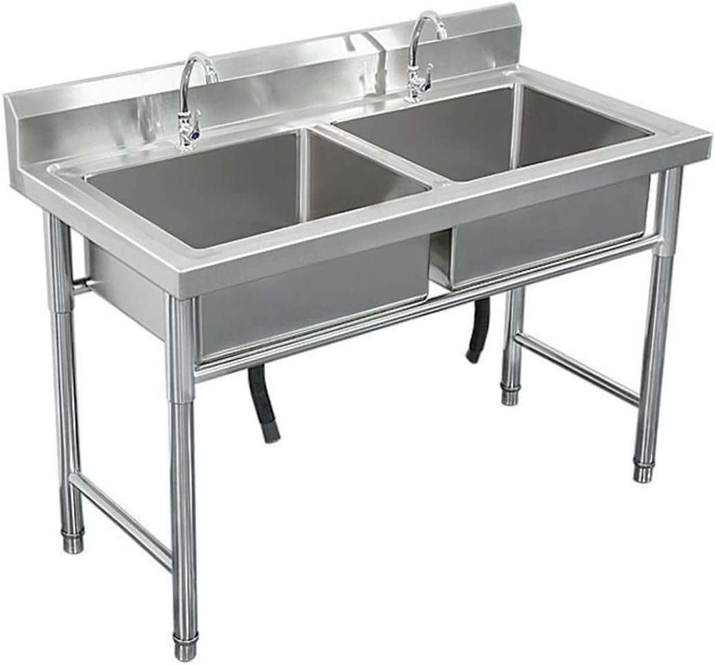 ステンレス大容量自立型シンク 幅 100× 奥行 50× 高さ 80cm ダブルシンク 屋外屋内ガレージ用 簡易流し台 キッチンバーレストラン水筒..