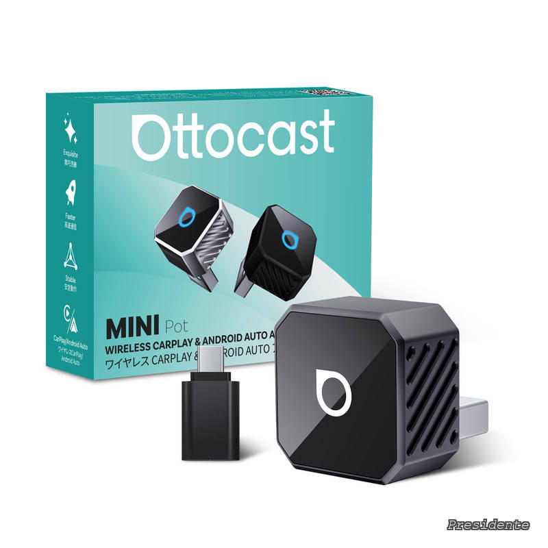 Ottocast MINI Potミニ CarPlay Android Auto ワイヤレス アダプター Ottocast 新型 2025 カープレイ＆アンドロイドオート無線化 iPhone＆Androidスマホ用 純正有線CarPlay Android Auto搭載車適合 ナビ 音楽 メッセージ受送信対応 カーアクセ