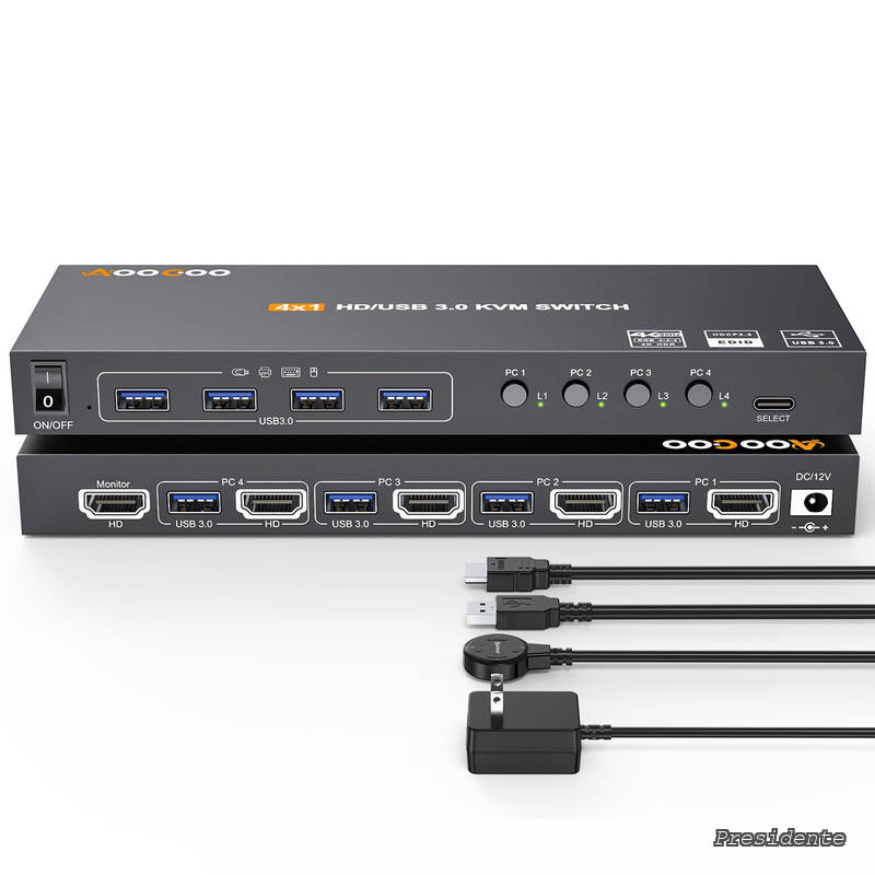 【送料無料】3.0 KVM スイッチ HDMI 4 PC 4K@60Hz EDID 付き 4入力1出力、キーボード、マウス、プリンター、コントローラー用の4つのUSB 3.0ポート、USB3.0ケーブル、HDMIケーブル付属