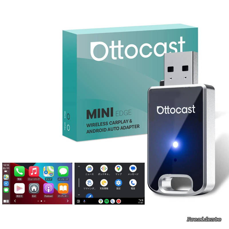 ミニ OTTOCAST MINI 2025最新 ワイヤレス CarPlay＆AndroidAuto アダプター アンドロイドオート＆カープレイ 無線化接続 自動接続 98%以上の車種適用 Bluetooth/音楽/音声コントロール/GPSナビゲーション/通話/メッセージ受送信対応【技適取得