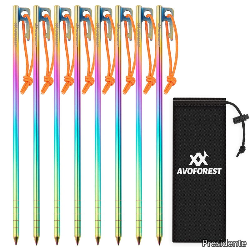 AVOFOREST 焼き色 ペグ 25CM チタン合金 レーザー一体化溶接 反射材入り 固定ロープ付き 超軽量 高強度 8本セット テント用 タープ用 アウトドア/キャンプ 用