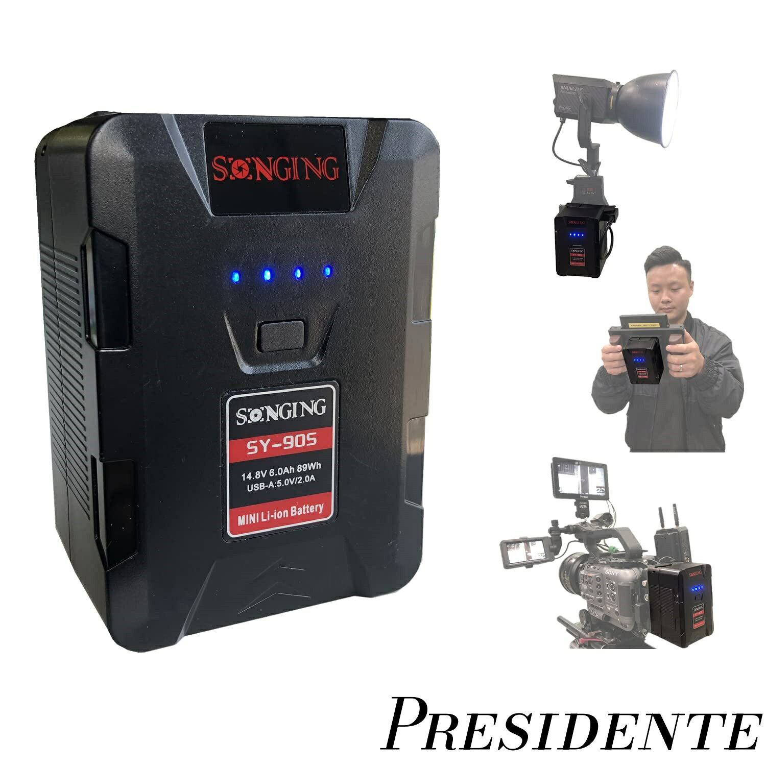 FXLION SY-90S 14.8V、6.0Ah、89WHミニVマウント/ Vロックバッテリー、Dタップ付き、USB-A 5.0V / 2.0A、カメラ、カムコーダー、大型LEDライト、モニター、スマートフォン用