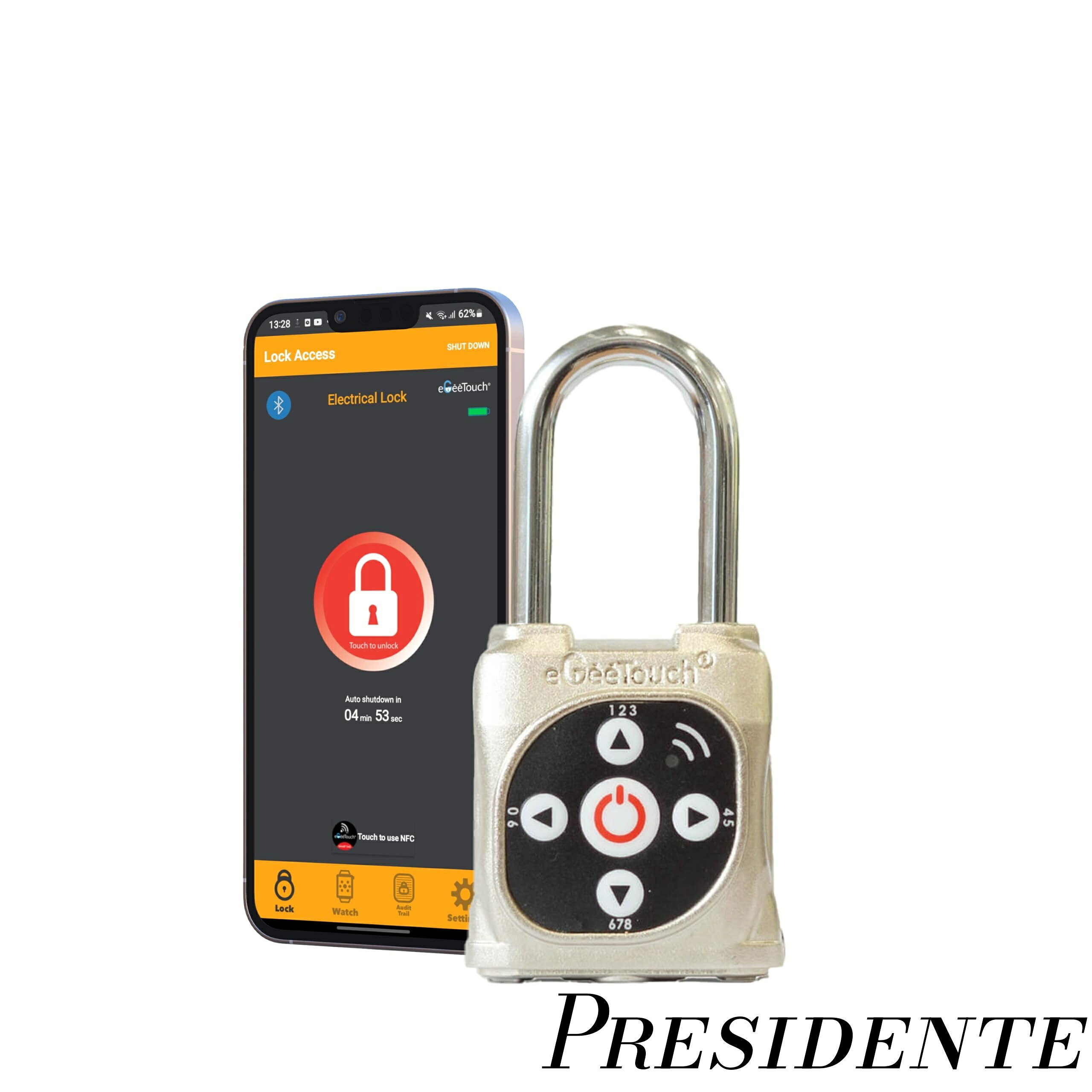 現在お使いのシリンダーロックやダイヤルロックとの置換えが簡単 　スマートロックのサイズは、既存の南京錠サイズと変わりません。 シャックルをはめる金具の直径が7以上（シャックルの直径は6）であれば すぐに置き換えができます。 設置工事不要 ; 南京錠型なので、設置工事が不要です。 従来のようにカギを持参する必要も、カギを紛失するリスクもありません。 ロングライフ 　フル充電で2,000回サイクル（解錠・施錠／サイクル）持続します。 リチャージャブルバッテリーで電池交換の手間いらず。外付けのバッテリーチャージャーでチャージするだけで繰返し使える便利なパドロックです。防水レベル・耐塩水性レベル 　防水レベル：　IP44等級。耐塩水性試験（米国材料試験ASTM）　耐塩水性試験で最も高い基準であるグレード6をクリアしています。特許取得済み技術採用 　　　各国の特許取得済みで、長期的に安心してご利用いただけます。特許No　US 9524600 B2 US9121199 B2ダイレクションコードでスマホ無しでも解錠OK！　カギの持ち歩き不要。ロックを複数のユーザーと共有できます。「いつ」「どこで」「だれが」解錠したのか管理者が履歴を確認できて、入退出管理やキャリーボックスの開閉管理にも大変便利。Bluetoothの他、ダイレクションコードで解錠 　iPhone(iOS) とアンドロイドフォン、スマートウォッチで、手軽に解錠・施錠でき、操作が簡単です。 本体中央のダイレクションコードはスマホのアプリ無しで解錠できます。 ※eGeeTouchアプリはiOS 8.0 Android OS 4.4以降に対応しています。※ご利用前に必ず付属のUSBケーブルを本体底面のUSBポートとつなぎ、充電してください。（20〜30分程度）　USBポートはラバーカバーでガードされていますので開くと確認できます。スマートロック解錠の際の注意事項　；この製品はスマホのアプリもしくはダイレクションコードで解錠できるスマートロックですが、解錠操作の前に、シャックルを必要以上に引っ張ったまま解錠しないで下さい。シャックルには遊びがありますが、上限いっぱいまで引っぱると解錠できません。本体内に確実にシャックルが格納されている状態で解錠操作を行って下さい。 また、解錠するとLEDライトが緑色に点滅します。この点滅後すぐに強く引っ張るとシャックルが360度回転せず、シャックルが上がったままロックされます。その場合は再度ロック本体にシャックルを戻して電源をONにしてください。再度解錠作業を行い解錠ランプが緑色に点滅後1秒ほど待ってからゆっくりシャックルを引き上げてください。シャックルを引き上げた後、シャックルを360度回転させることができれば問題ありません。※解錠操作とは、スマホのアプリの解錠ボタンをタッチして解錠する操作及び、ダイレクションコードで解錠する動作を指します。現在お使いのシリンダーロックやダイヤルロックとの置換えが簡単 　スマートロックのサイズは、既存の南京錠サイズと変わりません。 シャックルをはめる金具の直径が7以上（シャックルの直径は6）であれば すぐに置き換えができます。 設置工事不要 ; 南京錠型なので、設置工事が不要です。 従来のようにカギを持参する必要も、カギを紛失するリスクもありません。 ロングライフ 　フル充電で2,000回サイクル（解錠・施錠／サイクル）持続します。 リチャージャブルバッテリーで電池交換の手間いらず。外付けのバッテリーチャージャーでチャージするだけで繰返し使える便利なパドロックです。 防水レベル・耐塩水性レベル 　防水レベル：　IP44等級。耐塩水性試験（米国材料試験ASTM）　耐塩水性試験で最も高い基準であるグレード6をクリアしています。特許取得済み技術採用 　　　各国の特許取得済みで、長期的に安心してご利用いただけます。特許No　US 9524600 B2 US9121199 B2 ダイレクションコードでスマホ無しでも解錠OK！　カギの持ち歩き不要。ロックを複数のユーザーと共有できます。「いつ」「どこで」「だれが」解錠したのか管理者が履歴を確認できて、入退出管理やキャリーボックスの開閉管理にも大変便利。Bluetoothの他、ダイレクションコードで解錠 　iPhone(iOS) とアンドロイドフォン、スマートウォッチで、手軽に解錠・施錠でき、操作が簡単です。 本体中央のダイレクションコードはスマホのアプリ無しで解錠できます。 ※eGeeTouchアプリはiOS 8.0 Android OS 4.4以降に対応しています。 ※ご利用前に必ず付属のUSBケーブルを本体底面のUSBポートとつなぎ、充電してください。（20〜30分程度）　USBポートはラバーカバーでガードされていますので開くと確認できます。 スマートロック解錠の際の注意事項　；この製品はスマホのアプリもしくはダイレクションコードで解錠できるスマートロックですが、解錠操作の前に、シャックルを必要以上に引っ張ったまま解錠しないで下さい。シャックルには遊びがありますが、上限いっぱいまで引っぱると解錠できません。本体内に確実にシャックルが格納されている状態で解錠操作を行って下さい。 また、解錠するとLEDライトが緑色に点滅します。この点滅後すぐに強く引っ張るとシャックルが360度回転せず、シャックルが上がったままロックされます。その場合は再度ロック本体にシャックルを戻して電源をONにしてください。再度解錠作業を行い解錠ランプが緑色に点滅後1秒ほど待ってからゆっくりシャックルを引き上げてください。シャックルを引き上げた後、シャックルを360度回転させることができれば問題ありません。※解錠操作とは、スマホのアプリの解錠ボタンをタッチして解錠する操作及び、ダイレクションコードで解錠する動作を指します。