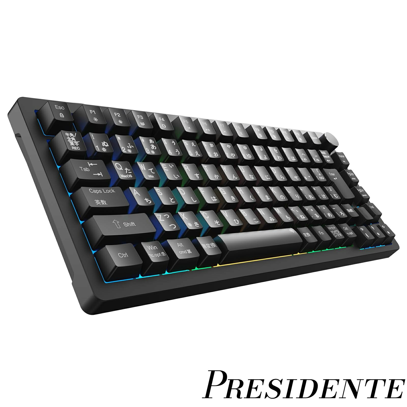 【送料無料】ゲーミングキーボード 2025年業界初 日本語JIS配列＆かな印字一体化 75%コンパクト メカニカルキーボード ガスケットマウント/サテライト軸 押下圧40g PBTキーキャップ カスタマイズ可能 マルチノブ付き RGB LEDバックライト 1600万色 有線USB 色：ブラック