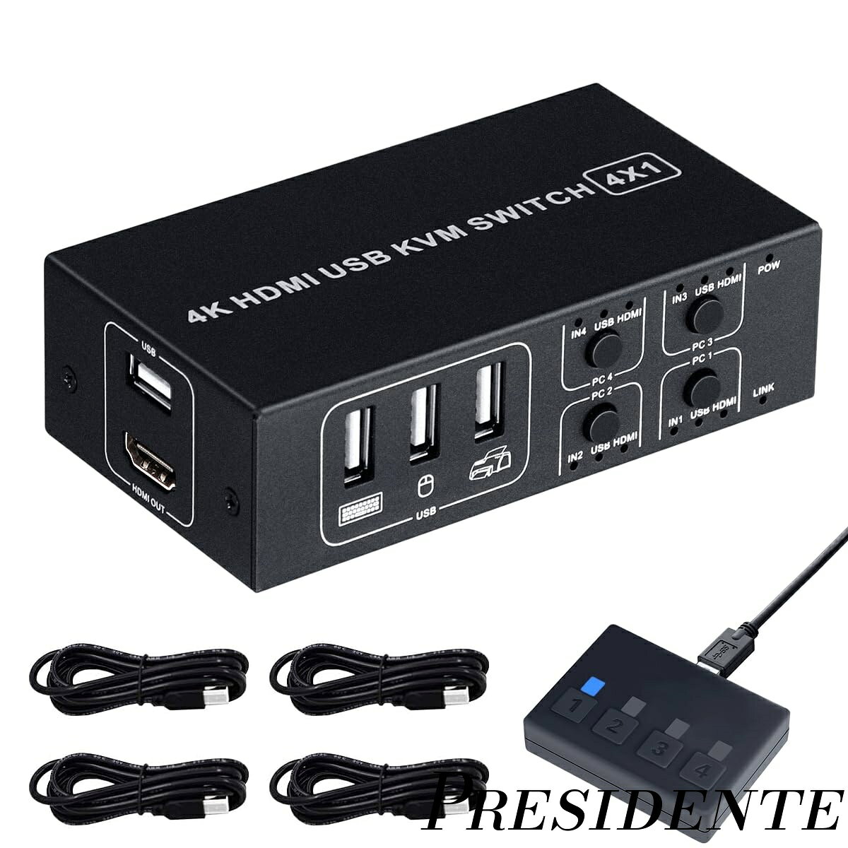 【まとめ買いで最大500円OFFクーポン!】【送料無料】4K HDMI USB 切替器 4ポート（PC4台用）4K@60Hz HDMI2.0 HDCP2.2 キーボード/マウス/モニターを共有 簡単接続 ドライバー不要 手元スイッチ&USBケーブル付き EHD-611N