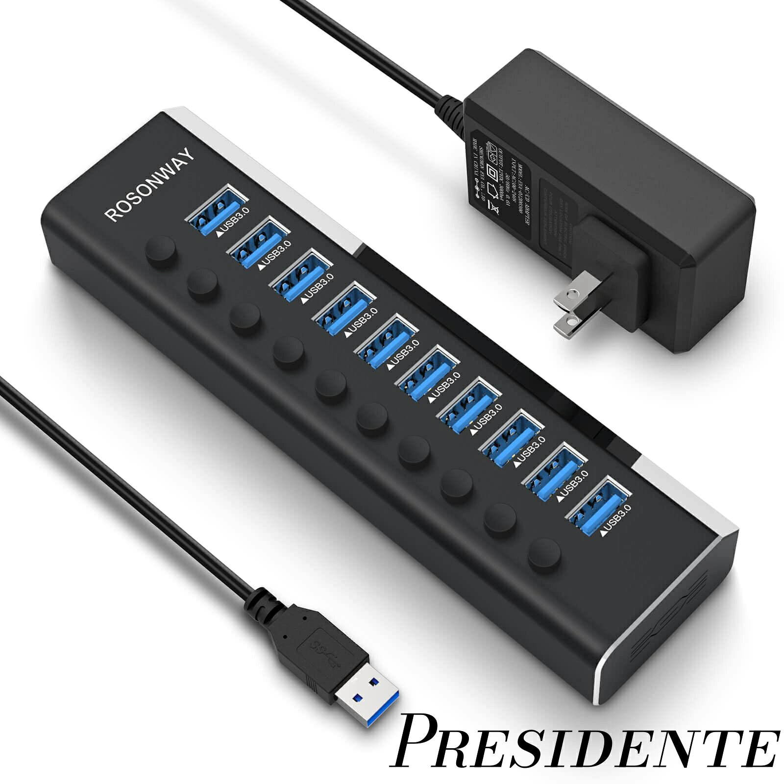 【まとめ買いで最大500円OFFクーポン!】【送料無料】電源付き ROSONWAY 10ポート USBハブ アルミ製で アップ 5Gbps高速転送 セルフパワー USB拡張 独立スイッチ付 12V/3A ACアダプタ付き(RSH-A10)
