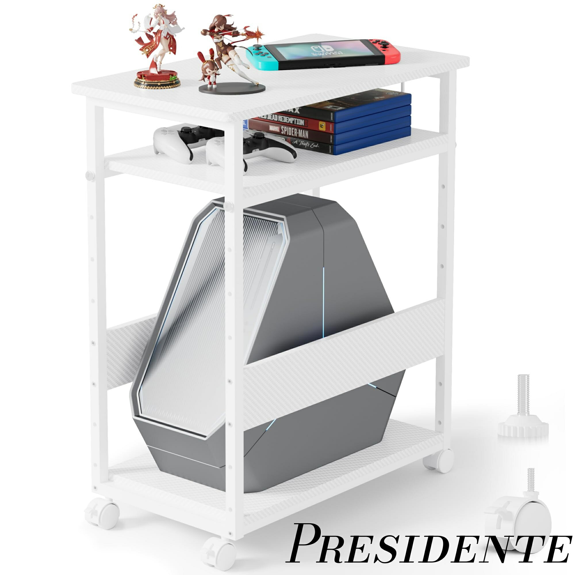 【まとめ買いで最大500円OFFクーポン!】【送料無料】パソコンワゴン パソコンラック 幅30×奥行60×高さ72cm PCワゴン PCラック 炭素繊維材質 CPUワゴン PCキャスター サイドワゴン机 袖机 棚板高さ調節可能 ゲーミングデスク プリンター台 サイドワゴン キャスター付き スト