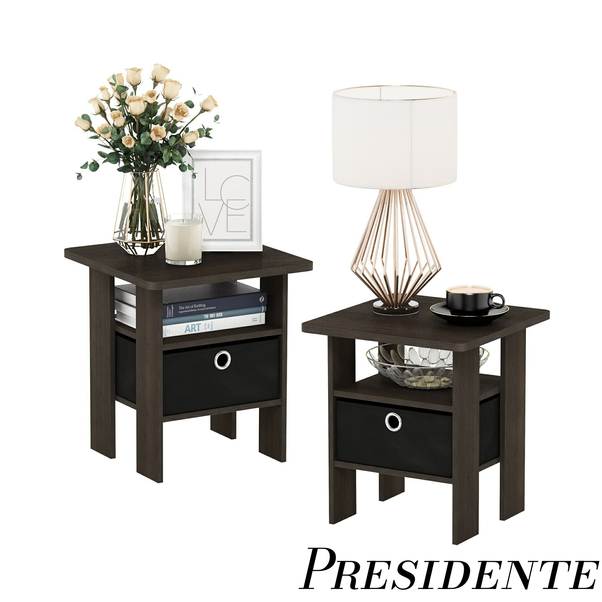 【まとめ買いで最大500円OFFクーポン!】【送料無料】Andrey アンドレイ サイドテーブル ダークブラウン/ブラック 39.4D×39.4W×44.5H cm 引き出し付き 2台セット 【日本正規輸入品】