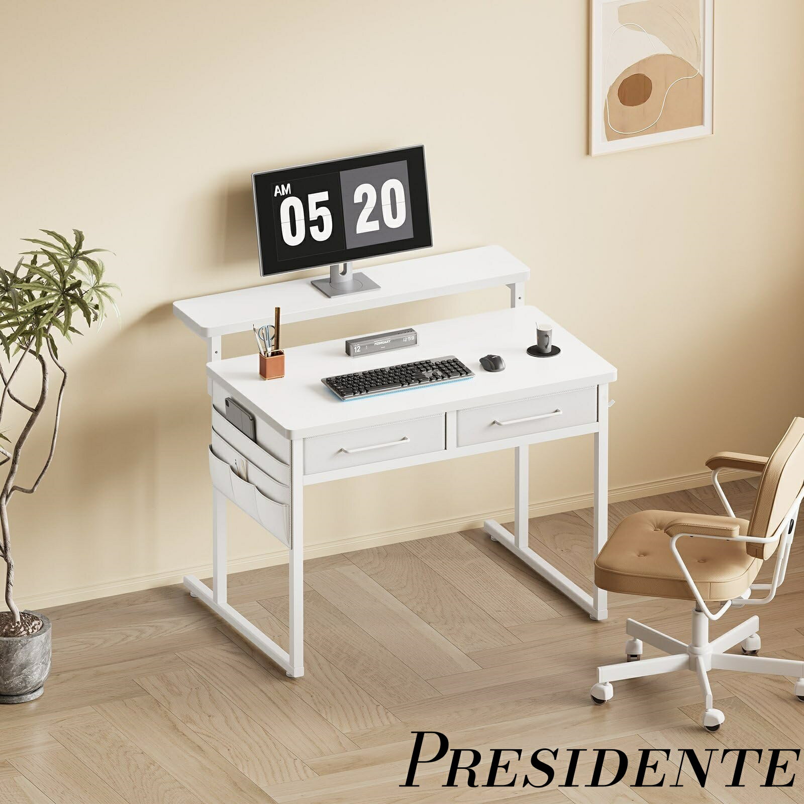 【まとめ買いで最大500円OFFクーポン!】【送料無料】コンパクト引き出し付き机 pcデスク 勉強机 フック付き学習机 机は高さ調整可能なモニターアームが付いています 一人暮らし 家具 白い