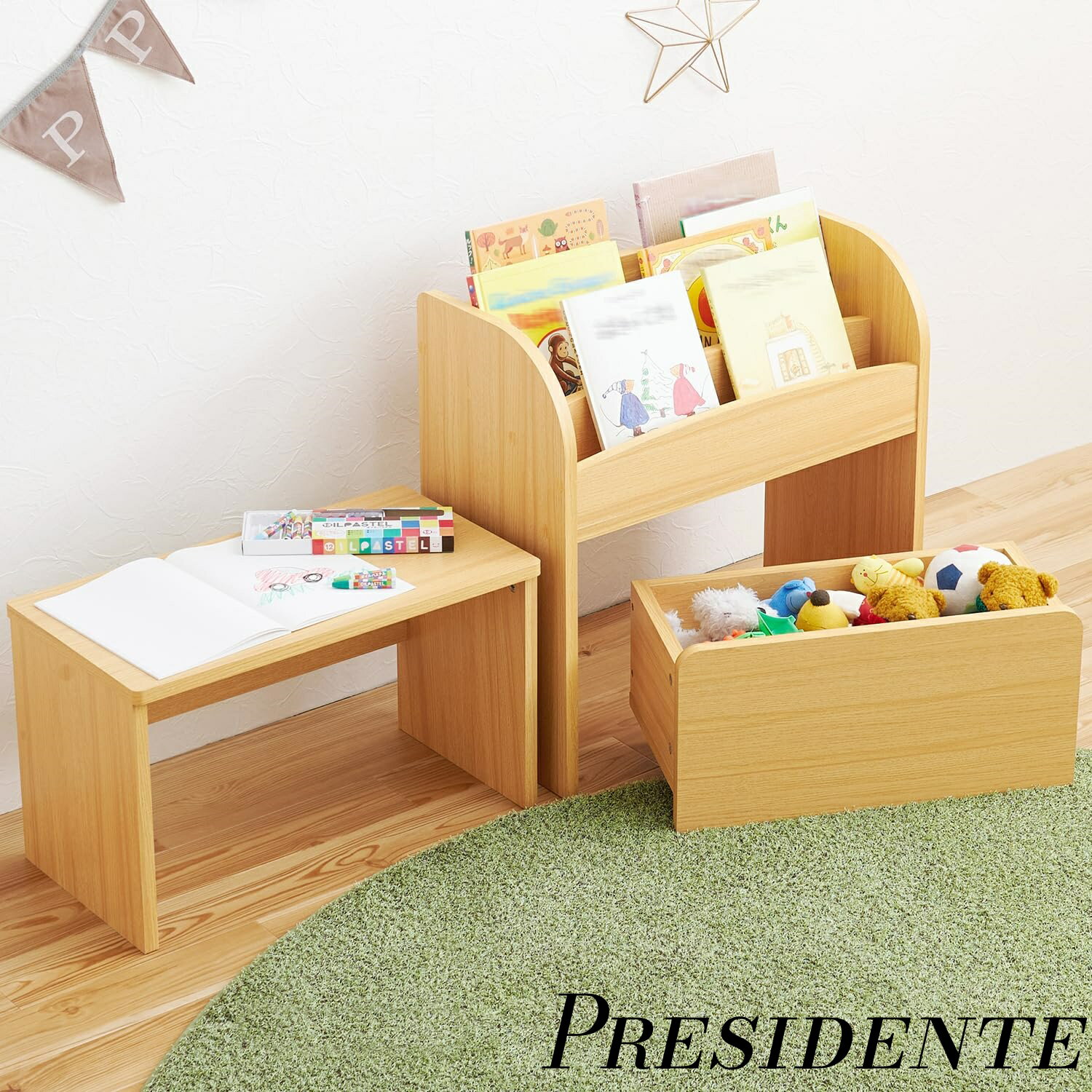 【まとめ買いで最大500円OFFクーポン!】【送料無料】キッズデスク 子供用 デスクセット 3点セット 【 絵本ラック ミニデスク キャスター付き ワゴン 】 学習机 コンパクト シンプル ナチュラル RCC-1609NA
