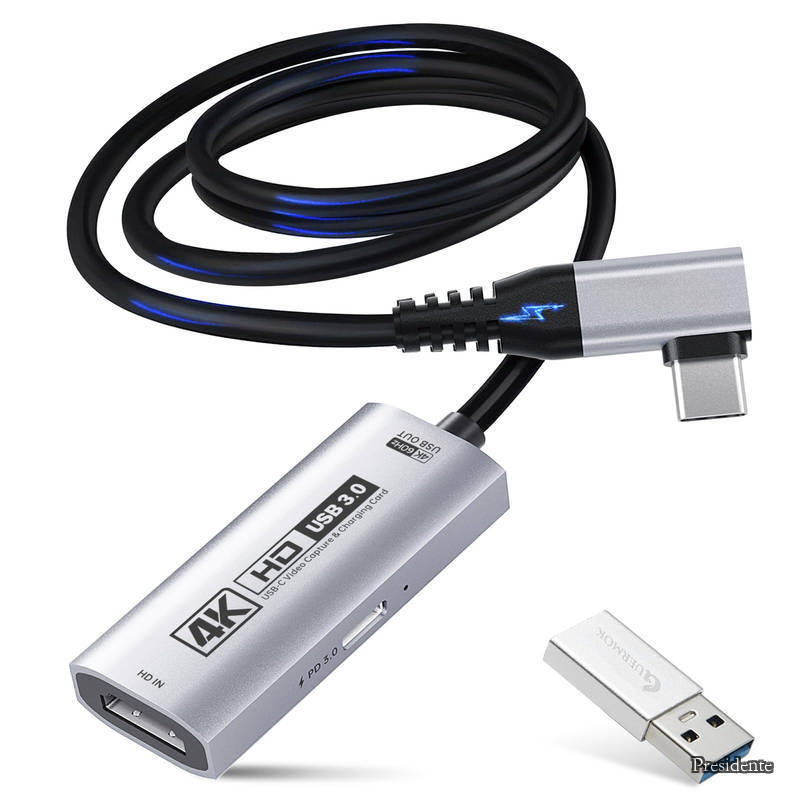 4K USB3.0 HDMIキャプチャカード ストリーミング用 PD100W 90°USBC 3.3フィート 4K@60FPS 1080P@240FPS HDMI - USB A/C ビデオキャプチャデバイス パッド/タブレット/MacOS /Switch2/1/ カメラ/PC/ノートパソコン用