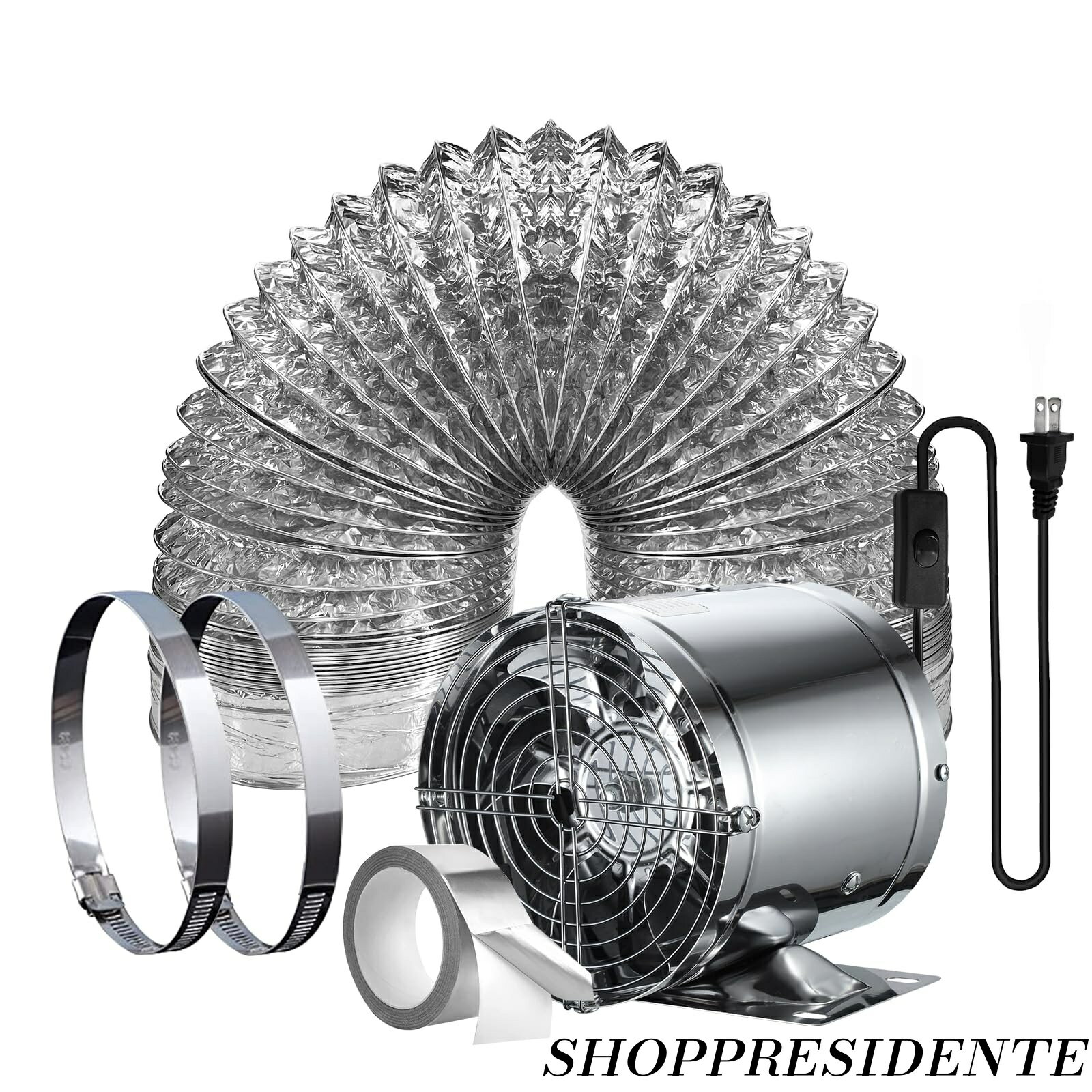 【まとめ買いで最大500円OFFクーポン!】【送料無料】150mm 大風量 Sidvkut 家庭用工業換気扇 風量480m3/h 金属製 ON/OFFスイッチ付き 中間取付形ダクトファン 塗装ブース用 ダクト用換気 ダクトホース付き 倉庫/トイレ/キッチン換気排気用 (シルバー)