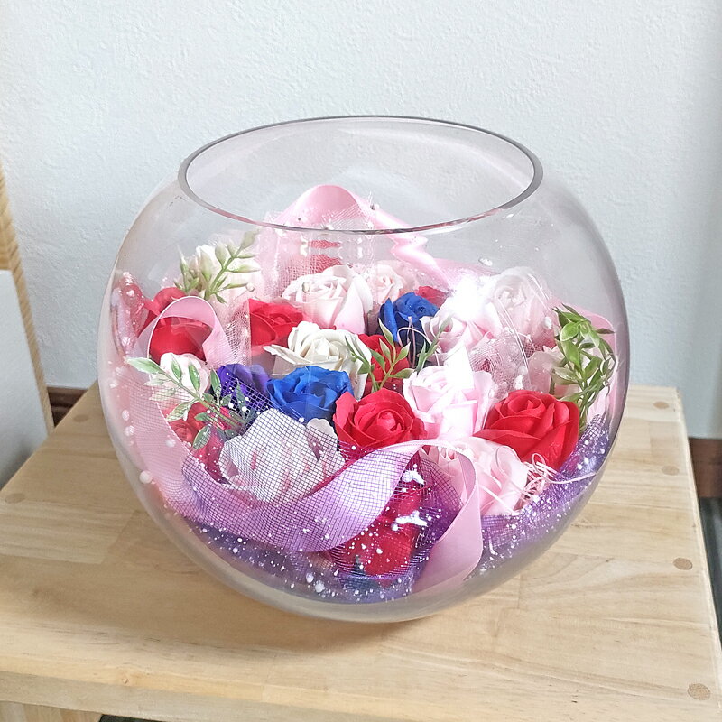 フラワー 花 リボン ガラス クリスマスアレンジ ガラス ギフト クリスマス 飾り ガラスボウル プレゼン..