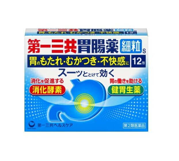 第一三共胃腸薬細粒s 商品説明 『第一三共胃腸薬細粒s 』 次のようなはたらきをもった薬剤で、胃のもたれ・むかつき・不快感などにお使いいただけます。 ●脂肪消化酵素リパーゼAP12と消化酵素タカヂアスターゼN1が、消化を助けます。 ●6種の健胃成分が弱った胃のはたらきを高め、胃の不快感・食欲不振などに効きめをあらわします。 ●生薬アカメガシワ、カンゾウ末が胃粘膜のあれ・ただれを修復し、3種の制酸剤が胃酸を中和することで、胃痛の原因を抑えます。 ●ナトリウムを配合していないので、塩分が気になる方でも服用できます。 【第一三共胃腸薬細粒s 　詳細】 3包（1包1.3g）中 タカヂアスターゼN1 150mg リパーゼAP12 60mg アカメガシワエキス 63mg カンゾウ末 150mg ケイ酸アルミン酸マグネシウム 1200mg 合成ヒドロタルサイト 450mg 水酸化マグネシウム 600mg オウバク末 105mg ケイヒ末 225mg ウイキョウ末 60mg チョウジ末 30mg ショウキョウ末 75mg l-メントール 9mg 添加物として セルロース，乳糖，ポリソルベート80，ヒドロキシプロピルセルロース，サンショウ を含有。 原材料など 商品名 第一三共胃腸薬細粒s 内容量 12包 販売者 田村薬品工業（株） 保管及び取扱い上の注意 （1）直射日光の当たらない湿気の少ない涼しい所に保管して下さい。 （2）小児の手の届かない所に保管して下さい。 （3）他の容器に入れ替えないで下さい。(誤用の原因になったり品質が変わります) （4）1包を分割した残りを服用する場合には、袋の口を折り返して保管し、2日以内に服用して下さい。 （5）表示の使用期限を過ぎた製品は使用しないで下さい。 用法・用量 次の量を水又はお湯で服用して下さい。 ［年齢：1回量：1日服用回数］ 15歳以上：1包：3回　食後に服用して下さい。 11歳以上15歳未満：2／3包：3回　食後に服用して下さい。 8歳以上11歳未満：1／2包：3回　食後に服用して下さい。 5歳以上8歳未満：1／3包：3回　食後に服用して下さい。 3歳以上5歳未満：1／4包：3回　食後に服用して下さい。 3歳未満：服用しないで下さい。 （1）用法・用量を厳守して下さい。 （2）3歳以上の幼小児に服用させる場合には、保護者の指導監督のもとに服用させて下さい。 効果・効能 ●もたれ、食べ過ぎ、飲み過ぎ、胸つかえ、食欲不振 ●胸やけ、胃痛、胃酸過多、胃重、胃部不快感、げっぷ ●消化不良、消化促進、胃弱、胃部・腹部膨満感 ●はきけ（むかつき、二日酔・悪酔のむかつき、悪心）、嘔吐 ご使用上の注意 （守らないと現在の症状が悪化したり、副作用が起こりやすくなります）1．次の人は服用しないで下さい。 　透析療法を受けている人 2．長期連用しないで下さい。1．次の人は服用前に医師、薬剤師又は登録販売者に相談して下さい。 　（1）医師の治療を受けている人 　（2）薬などによりアレルギー症状を起こしたことがある人 　（3）次の診断を受けた人：腎臓病 2．服用後、次の症状があらわれた場合は副作用の可能性がありますので、直ちに服用を中止し、この文書を持って医師、薬剤師又は登録販売者に相談して下さい。 ［関係部位：症状］ 皮膚：発疹・発赤，かゆみ 3．服用後、次の症状があらわれることがありますので、このような症状の持続又は増強が見られた場合には、服用を中止し、この文書を持って医師、薬剤師又は登録販売者に相談して下さい。 　便秘、下痢 4．2週間位服用しても症状がよくならない場合は服用を中止し、この文書を持って医師、薬剤師又は登録販売者に相談して下さい。 ◆ 医薬品について ◆医薬品は必ず使用上の注意をよく読んだ上で、 それに従い適切に使用して下さい。 ◆購入できる数量について、お薬の種類によりまして販売個数制限を設ける場合があります。 ◆お薬に関するご相談がございましたら、下記へお問い合わせくださいませ。 株式会社プログレシブクルー　072-265-0007 ※平日9:30-17:00 (土・日曜日および年末年始などの祝日を除く） メールでのご相談は コチラ まで 広告文責 株式会社プログレシブクルー072-265-0007 商品に関するお問い合わせ 会社名：第一三共ヘルスケア株式会社 住所：〒103-8234　東京都中央区日本橋3-14-10 問い合わせ先：お客様相談室 電話：0120-337-336 受付時間：9：00〜17：00（土，日，祝日を除く） 区分 日本製・第2類医薬品 ■医薬品の使用期限 医薬品に関しては特別な表記の無い限り、1年以上の使用期限のものを販売しております。 それ以外のものに関しては使用期限を記載します。医薬品に関する記載事項はこちら【第2類医薬品】第一三共ヘルスケア 第一三共胃腸薬 細粒s 　12包×3個セット