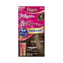 ビゲン 香りのヘアカラー クリーム 4 ライトブラウン 商品説明 『ビゲン 香りのヘアカラー クリーム 4 ライトブラウン』 ◆密着して染める。濃密クリームが生え際にくいつきとどまる ◆色持ち成分配合。染料の流出を抑え、日にちが経っても髪色キレイ！ ◆ツンとしない、ほのかなアロマの香り ◆天然由来のトリートメント成分配合 ビゲン 香りのヘアカラー クリーム 4 ライトブラウン　詳細 原材料など 商品名 ビゲン 香りのヘアカラー クリーム 4 ライトブラウン 原材料もしくは全成分 ★1剤 有効成分・・・5‐アミノオルトクレゾール、パラアミノフェノール、メタアミノフェノール、硫酸トルエン‐2.5‐ジアミン、レゾルシン その他の成分・・・HEDTA・3Na液、PEG‐8、PEG(32)、POEステアリルエーテル、POEセチルエーテル、POE(2)ラウリルエーテル、POE(21)ラウリルエーテル、アスコルビン酸、イソプロパノール、塩化トリメチルアンモニオヒドロキシプロピルヒドロキシエチルセルロース、オリブ油、強アンモニア水、高重合ジメチコン‐1、水酸化Na、ステアリルアルコール、セタノール、タウリン、ツバキ油、テアニン、パラベン、ヒアルロン酸Na‐2、ベヘントリモニウムクロリド、ポリ塩化ジメチルメチレンピペリジニウム液、無水亜硫酸Na、モノエタノールアミン、ヤシ油、ワセリン、黄203、香料 ★2剤 有効成分・・・過酸化水素水 その他の成分・・・PG、POE(20)POP(4)セチルエーテル、POEセチルエーテル、イソステアリルアルコール、クエン酸、ステアリルアルコール、ステアルトリモニウムクロリド、セタノール、フェノキシエタノール 内容量 1セット 販売者 ホーユー ご使用方法 (1)混合クリームをつくります。 1剤と2剤を同量出し、よく混ぜます。 (2)クリームをぬります。 乾いた髪に、コームブラシでムラなくぬります。15分放置 (3)洗い流します。 よくすすぎ、シャンプー・リンスで仕上げます。 セット詳細 1剤・・・40g 2剤・・・40g ご使用上の注意 ★必ずご購入前・ご使用前にお読みください。 ・ご使用の際は必ず使用説明書をよく読んで正しくお使いください。 ・ヘアカラーはまれに重いアレルギー反応をおこすことがあります。 ・次の方は使用しないでください。 (1)今までに本品に限らずヘアカラーでかぶれたことのある方 (2)今までに染毛中または直後に気分の悪くなったことのある方 (3)頭皮あるいは皮膚が過敏な状態になっている方(病中、病後の回復期、生理時、妊娠中等) (4)頭、顔、首筋にはれもの、傷、皮膚病がある方 ・ご使用の際には使用説明書にしたがい、毎回必ず染毛の48時間前に皮膚アレルギー試験(パッチテスト)をしてください。 ・薬剤や洗髪時の洗い液が目に入らないようにしてください。 ・眉毛、まつ毛には使用しないでください。 ・幼小児の手の届かない所に保管してください。 ・高温や直射日光を避けて保管してください。 ・幼小児には使用しないでください。 広告文責 株式会社プログレシブクルー072-265-0007 区分 日用品ビゲン 香りのヘアカラー クリーム 4 ライトブラウン