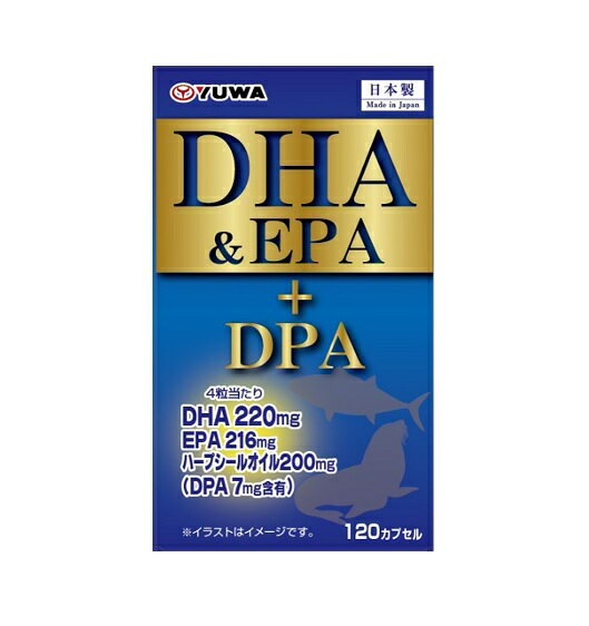 ユーワ DHA＆EPA＋DPA 商品説明 『ユーワ DHA＆EPA＋DPA』 DHA（ドコサヘキサエン酸）、EPA（エイコサペンタエン酸）、DPA（ドコサペンタエン酸）は体内でほとんど作ることができない不飽和脂肪酸の1種です。 DHA、EPA、DPAを飲みやすいソフトカプセルにしました。 【ユーワ DHA＆EPA＋DPA　詳細】 栄養成分表示　4粒あたり 熱量 12.62kcal タンパク質 0.4g 脂質 1.18g 炭水化物 0.1g 食塩相当量 0g DHA 220mg EPA 216mg ハープシールオイル 200mg（DPA7mg含有） 原材料など 商品名 ユーワ DHA＆EPA＋DPA 原材料もしくは全成分 精製魚油（国内製造）、DHA含有精製魚油、ハープシールオイル、ビタミンE含有植物油/ゼラチン、グリセリン 内容量 51.6g（430mg×120粒） 保存方法 高温多湿を避け、直射日光の当たらない場所に保存してください。 製造国 日本 販売者 株式会社ユーワ　お客様相談室 042-531-0200 ご使用方法 1日4粒を目安に、水またはぬるま湯でお召し上がりください。 広告文責 株式会社プログレシブクルー072-265-0007 区分 健康食品ユーワ DHA＆EPA＋DPA　51.6g（430mg×120粒）