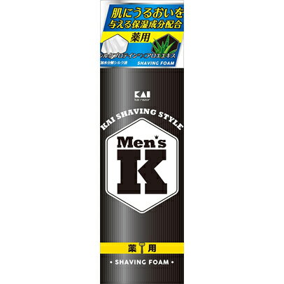 Men's K シルクプロテイン配合 薬用シェービングフォーム 220g 商品説明 『Men's K シルクプロテイン配合 薬用シェービングフォーム 220g 』 医薬部外品処方「カミソリまけを防ぐ」「皮膚を保護し、ひげを剃りやすくする」 シルクプロテイン、アロエエキス配合「保湿。スキンケア」 【Men's K シルクプロテイン配合 薬用シェービングフォーム 220g 　詳細】 原材料など 商品名 Men's K シルクプロテイン配合 薬用シェービングフォーム 220g 原材料もしくは全成分 有効成分:イソプロピルメチルフェノールその他の成分:精製水、ステアリン酸、LPG、濃グリセリン、POE(20)ヤシ油脂肪酸ソルビタン、オレイン酸POE(20)ソルビタン、水酸化K、ラウリン酸、PVP、トリエタノールアミン、パラオキシ安息香酸エチル、パラオキシ安息香酸プロピル、パラオキシ安息香酸メチル、1.3-ブチレングリコール、アロエエキス(1)、加水分解シルク液、香料 内容量 220g 原産国 日本 販売者 貝印 広告文責 株式会社プログレシブクルー072-265-0007 区分 日本製・医薬部外品Men's K シルクプロテイン配合 薬用シェービングフォーム 220g ×5個セット メンズK