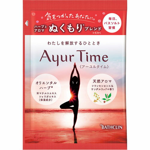 アーユルタイム フランキンセンス＆サンダルウッドの香り 40g 商品説明 『アーユルタイム フランキンセンス＆サンダルウッドの香り 40g』 わたしを解放するひととき 美しさ引き出すコンディショニングバスソルト オリエンタルハーブと天然アロマが染み込んだバスソルトに身も心もゆだねて。 湯色：ナチュラルピンク 透明タイプ ・オリエンタルハーブ配合 マチルスエキス／ショウガエキス ・天然アロマ配合 フランキンセンス精油／サンダルウッド精油 ・インド産海塩（基剤）ブレンド 【アーユルタイム フランキンセンス＆サンダルウッドの香り 40g　詳細】 原材料など 商品名 アーユルタイム フランキンセンス＆サンダルウッドの香り 40g 原材料もしくは全成分 海塩、香料、シリカ、グルタミン酸Na、マチルスオドラチシマ樹皮エキス、ツボクサ葉／茎エキス、ショウガ根茎エキス、ゴマ種子油、BG、PEG-8、ケイ酸Ca、水、エタノール、トコフェロール、黄5、赤227 内容量 40g 製造国 日本 販売者 バスクリン ご使用方法 お風呂の湯（200L）に約40gの割合で本品を溶かしてから入浴します。 広告文責 株式会社プログレシブクルー072-265-0007 区分 化粧品アーユルタイム フランキンセンス＆サンダルウッドの香り 40g