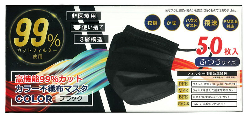 【2箱セット】【ブラック】 HIRO 高機能99％カットカラー不織布マスク ふつうサイズ ブラック 50枚入り×2箱セット 【正規品】