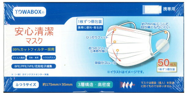 【500枚入り】 【10箱セット】 安心清潔マスク 50枚入り ×10箱セット ふつうサイズ　1枚ずつ個包装タイプ　全国マスク工業会 会員認定マーク付き【正規品】
