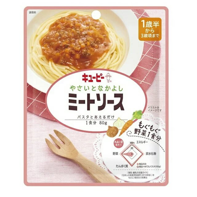 キユーピー やさいとなかよし ミートソース 商品説明 『キユーピー やさいとなかよし ミートソース』 ◆1食分の野菜※をソースに溶け込ませ、お肉とフォン・ド・ヴォーを加えて煮込んだ、幼児向けのミートソースです。※厚生労働省「日本人の食事摂取基準(2015年版)」18ヵ月の推奨量を基に1食当たりを算出 キユーピー やさいとなかよし ミートソース　詳細 栄養成分　1袋(80g)当たり エネルギー 49kcal たんぱく質 1.8g 脂質 1.0g 炭水化物 8.2g 食塩相当量 0.7g 原材料など 商品名 キユーピー やさいとなかよし ミートソース 原材料もしくは全成分 トマトペースト(オーストラリア製造)、にんじん、トマトケチャップ、牛そぼろ、砂糖、小麦粉、豚そぼろ、炒めたまねぎ、コーンスターチ、食塩、チキンエキス、ポークエキス、フォン・ド・ヴォー、酵母エキス、ローストオニオンパウダー、こしょう、ローレル 保存方法 直射日光を避け、常温で保存 内容量 80g 販売者 キユーピー ご使用方法 (1)パスタ(乾麺50g)をゆで、手早くお湯をきり、器に移します。 (2)ゆでたてのパスタにソースをよくあえて召しあがってください。 ※お子さまの様子を見て、パスタを切るなど加減してください。 ※ソースはそのままでも召しあがれますが、温めるとよりおいしく召しあがれます。 ソースをお湯で温める場合 ・袋の封を切らずに、沸騰させて加熱を止めたお湯に入れて温めてください。 ・袋の穴に、はしなどを差し込んで取り出せます。 袋のまま約1分ソースを電子レンジで温める場合 ・必ず中身を深めの容器に移し、ラップをかけて温めてください。 ※電子レンジの機種により、加熱時間を加減してください。 500〜600W ：20秒 品名・名称 ミートソース アレルギー物質 小麦・牛肉・鶏肉・豚肉 ご使用上の注意 ・食べる分量を別の容器にとり、残りは冷蔵庫(10度以下)に入れ、その日のうちにお使いください。 ・必要な分量に小分けし、冷凍保存できます。 ・月齢は目安です。お子さまの食欲や成長に合わせてご使用ください。 ・離乳のすすめ方については、専門家にご相談ください。 ・この商品はレトルトパウチ食品です。 ※乳児用規格適用食品と同等の管理をしています。 (着色料・保存料・香料不使用) 原産国 日本 広告文責 株式会社プログレシブクルー072-265-0007 区分 ベビーフードキユーピー やさいとなかよし ミートソース(80g)×3個セット