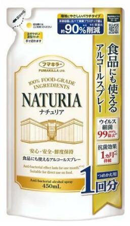 食品にも使えるアルコールスプレーナチュリアつめかえ用 商品説明 『食品にも使えるアルコールスプレーナチュリアつめかえ用』 ◆これ1本で完結！除菌※・抗菌・鮮度保持を叶える「ナチュリア」 ◆キッチン家電、食器、調理器具、さらにはお弁当や生鮮食品にまで直接使える「ナチュリア」は、どこでもこれ1本で対応できる非常に便利な除菌※スプレーです。ふき取りや水洗いも不要。乾燥させるだけの手軽さで、忙しい毎日の家事を劇的にスムーズにします。 ◆細菌・ウイルスを99.99％除去※ ※すべての菌・ウイルスを除去できるわけではありません。 ◆ふき取りなしで1ヵ月以上※※ 抗菌コート！ ※※保存容器や調理器具への抗菌効果。水洗いやふき取り、高温などにより効果は異なります。 ◆ナチュリアに配合された天然抗菌成分であるGSE(グレープフルーツ種子エキス)は蒸発しにくいため、アルコールが蒸発した後もまな板や包丁の表面に留まり、菌の繁殖を抑え続けます。スプレーしてそのまま乾燥させるだけで、1ヵ月にわたって清潔な状態をキープする「抗菌バリア」が完成します。 ◆「パワフルトリガー」で広い範囲もムラなく！ ◆たっぷり噴霧できるため、シンクやダイニングテーブルなどの広い範囲もムラなく一気にスプレーすることができます。広範囲の除菌が簡単でスピーディーになります。 ◆100％天然生まれ食品成分で鮮度保持 ◆こだわりの品質：原料はすべて天然生まれ食品成分で、国内酒造メーカー製のアルコールを使用しています。 ◆食材の鮮度を守る：食品衛生法適合ラインで製造されており、お肉やお野菜に直接かけることで菌の増殖を抑え、鮮度をキープ。お弁当の傷み防止にも安心してお使いいただけます。 ◆素肌にやさしい：弱酸性処方でパッチテストも実施済み。お肌に触れる場所にも安心の使い心地です。 ◆弱酸性、敏感肌の方のご協力によるパッチテスト済、スティンギングテスト済(ピリピリ・ヒリヒリ等の刺激感。)※※※ ※※※すべての方に皮膚刺激が起きない、刺激感がないというわけではありません。 ◆ペット用品、おもちゃに。梅雨どき、夏場、冬場のウイルス・細菌対策にも。 ◆業務用、飲食店、レストラン、カフェにもおすすめ。 食品にも使えるアルコールスプレーナチュリアつめかえ用　詳細 原材料など 商品名 食品にも使えるアルコールスプレーナチュリアつめかえ用 原材料もしくは全成分 エタノール(54.8％)、クエン酸(0.55％)、グレープフルーツ種子抽出物(0.18％)、乳酸(0.15％)、香料(0.55％)、精製水(43.77％) 内容量 450ml 販売者 フマキラー ご使用方法 ・噴射口を回し、丸にしてお使いください。使用後はバツにしてください。 ・食器・保存容器、まな板・包丁等の調理器具、シンク：直接表面にまんべんなくスプレーする。ふき取りや水洗いはせず、そのまま乾燥させる。※濡れたものにスプレーしても細菌に対しては効果を発揮します。 ・冷蔵庫・電子レンジの中や外側、キッチン家電の外側：乾いた布等にスプレーし、充分湿らせた状態で塗り広げる。2度ぶきは不要。そのまま乾燥させる。 ・調理台、食卓：直接まんべんなくスプレーし、布等で塗り広げてそのまま乾燥させる。または乾いた布等にスプレーし、充分湿らせた状態で塗り広げてそのまま乾燥させる。※処理後、ふき取り等を行った場合、抗菌効果は持続しません。 ・スポンジ、台ふきん：よく絞り、中まで液がしみ込むまで約10回程度スプレーした後、よくもみ込んで、まんべんなく浸透させる。そのまま乾燥させ、次に使用するまでおいておく。 ・食品(食材・お弁当等)：直接まんべんなくスプレーする。※食品にフタやラップをして保存する場合、使用後20～30秒程度おき、閉じてください。 ご使用上の注意 ★使用できないもの ・塗装面・印刷面等、変色、色落ち、シミの心配のあるものは目立たない所で試してから使う。 ・銅、鉄製品、白木や桐(家具等)、漆器、ワックス・ニス・ペンキ等の塗装面(フローリング床等)、アクリル製・スチロール製のプラスチック ・用途以外に使用しない。 ・飲まない。人やペットには使用しない。 ・アルコール過敏症や肌の弱い人は肌荒れのおそれがあるので注意する。 ・子供の手の届く所、直射日光のあたる所、高温になる所には置かない。 ・換気に注意する。 ・引火のおそれがあるので火気には充分注意する。 ・他の容器に入れ替えたり、この容器に本品以外の液を入れて使用しない。 ・スプレー時に、直接床(フローリング)に液が掛かった場合はすぐにふき取る。 ・ガス警報器が作動することがあるので注意する。 ・眼に入った場合：流水で充分に洗い流す。 ・飲んだ場合：多量の水を飲ませる。※万一、身体に異常が起きた場合は、本品を持参し医師に相談する。 ・火気や直射日光をさけ、子供やペットが触れない涼しい場所に保管する。 原産国 日本 広告文責 株式会社プログレシブクルー072-265-0007 区分 衛生用品食品にも使えるアルコールスプレーナチュリアつめかえ用(450ml)