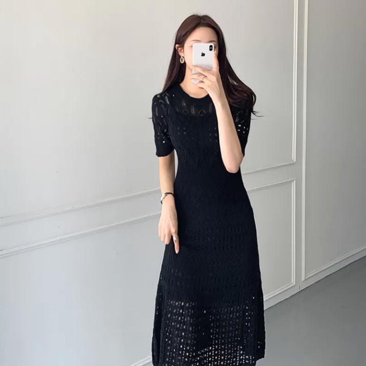 透かし編み ワンピース レディース ニットワンピース 夏 半袖 ロングワンピース サマーニット ニットワンピ 大人 アイスシルク 接触冷感 Aライン フェミニン きれいめ おしゃれ 春夏 20代 30代 40代 S M L XL