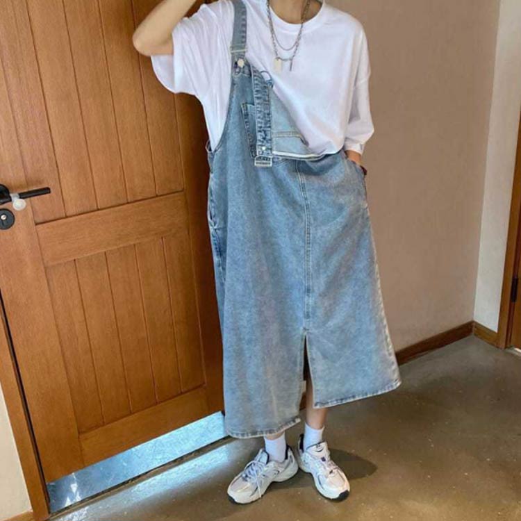 デニムワンピース サロペット ワンピース デニム ジャンパースカート デニムマキシワンピース アシンメトリー オールインワン 体型カバー レディース ジャンスカ サロペットスカート 春 夏 秋 ポケット スリット 送料無料