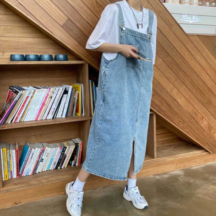 デニムワンピース サロペット ワンピース デニム ジャンパースカート デニムマキシワンピース アシンメトリー オールインワン 体型カバー レディース ジャンスカ サロペットスカート 春 夏 秋 ポケット スリット 送料無料