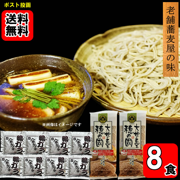 鴨せいろそば　大地の恵み 穂の國 石臼挽きそば×2袋＆鴨ガラめんつゆ×8袋 計8食詰め合わせセット【メール便送料無料】